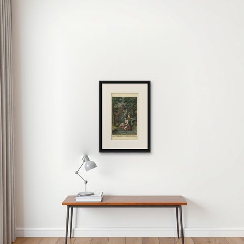 Bathsheba in the Bath, Old Testament Scene, Antique Engraving c.1730, shown framed on a wall, true to size