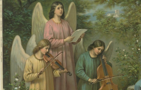 Virgin Mary with Christ Child & Angel Musicians, German Chromolithograph, 1900, close-up 4