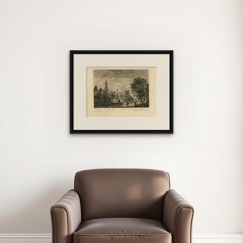Antique Print of the 'Oudekerk' Church in Amsterdam by P. Van Liender, 1760, shown framed on a wall, true to size