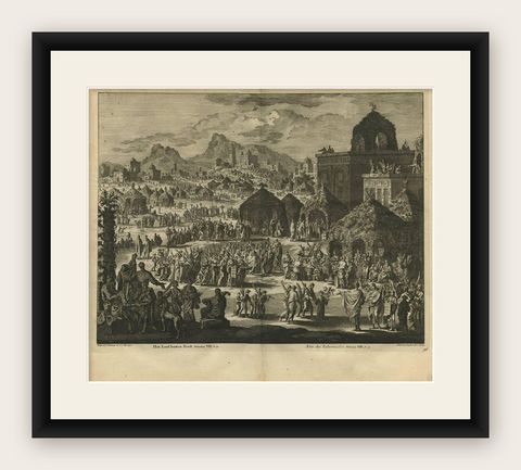 Antique Bible Print the Festival of Shelters by J. Luyken, 1743, shown framed