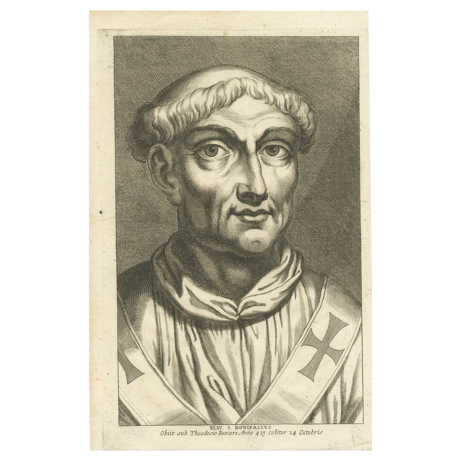 Old Original Antique Engraved Portrait of Pope Bonifacius / Boniface, 1678