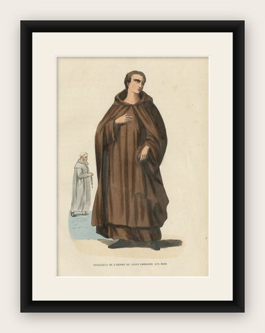 Antique Print of a Monk of the Order of Saint Ambrose, 1845, shown framed