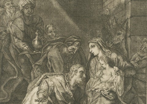 Set of Biblical Engravings, Adoration, Flight to Egypt & Christ’s Baptism, 1735, close-up 5