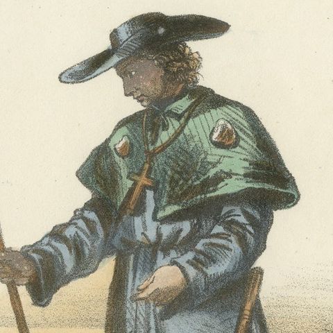 Pèlerin, 1862 Hand-Colored Lithograph of a Pilgrim, close-up 1