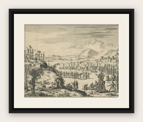 Engraving of Roman Punishments of Mass Crucifixion Outside the City Wall, 1690, shown framed