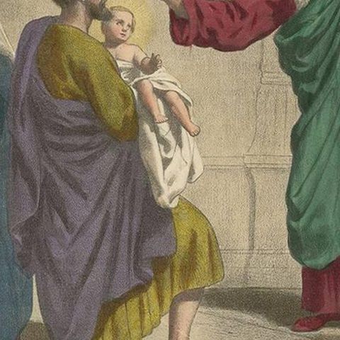 Antique Religious Print 'No. 7' Presentation of Jesus at the Temple, circa 1840, close-up 2