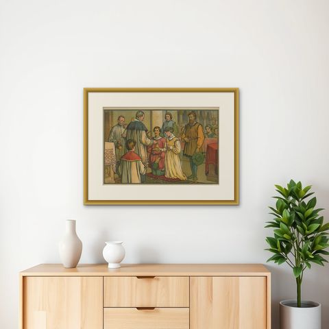 Antique Religion Print of the Seven Sacraments, Marriage '1913', shown framed on a wall, true to size