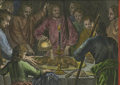Israelites at the Paschal Meal, Hand-Coloured Bible Engraving, 18th Century, close-up 4