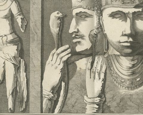 Sculptures of the Elephanta Caves at Stations 1 to 3, Antique Print, 1780, close-up 1