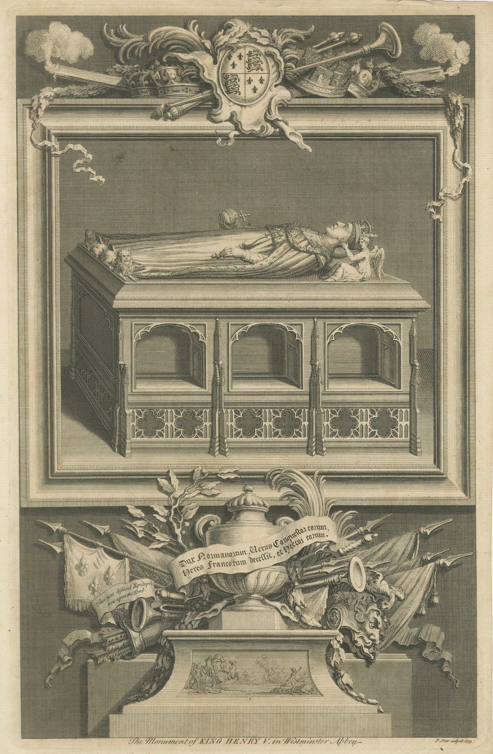 Antique Engraving Henry V Tomb Westminster Abbey, Vertue, c.1735