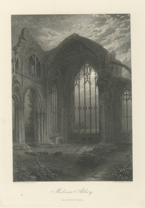 Melrose Abbey, Scotland, Antique Steel Engraving after Birket Foster, circa 1876