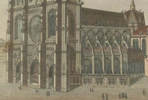 Engraving of Strasbourg Cathedral, Gothic Masterpiece in Alsace, 1805, close-up 2
