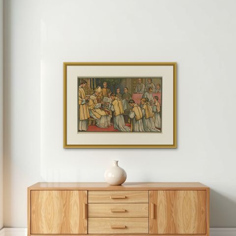 Antique Religion Print of the Seven Sacraments, Holy Orders, 1913, shown framed on a wall, true to size