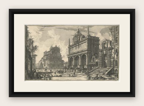 1751 Engraving of Roman Fountain and Church, Fountain of Moses and Santa Maria, shown framed