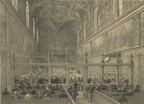 Sistine Chapel Interior, Vatican, Antique Festive Scene Print, 1869, close-up 2