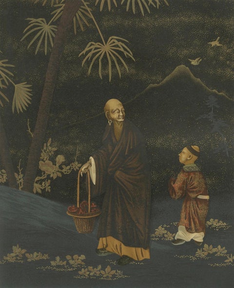Japanese Monk and Young Attendant: Antique Lithograph, 1880s, close-up 4