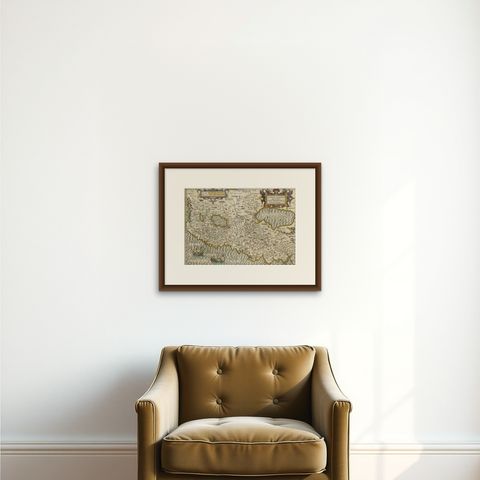 Holy Land Map, Terra Sancta Palestina, Hondius, Hand-Colored Engraving c.1620, shown framed on a wall, true to size