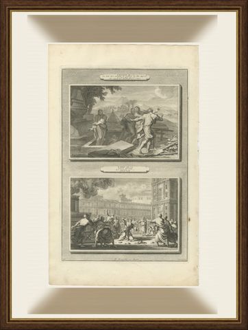 Dead Man Revived by Elisha's Bones and Zechariah Stoned, Mortier, circa 1700, shown framed