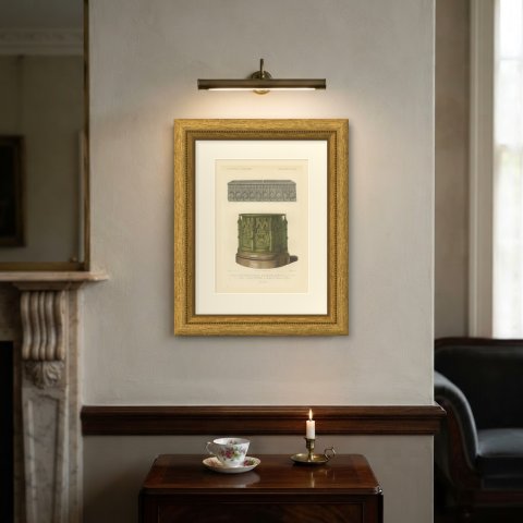 Würzburg Bronze Font and Rouen Lead Lavabo, Antique Print, 1851, shown framed on a wall, true to size