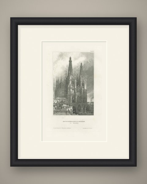 Antique Architectural View of Burgos Cathedral in Spain, circa 1850, shown framed
