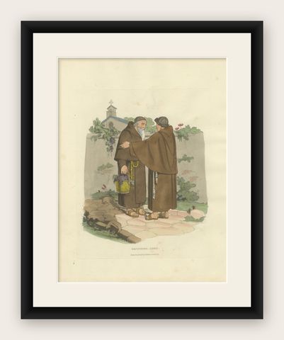 Capuchin Monks & Roman Serenity, 1820 Etching of Devotion, shown framed