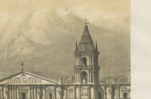 Cathedral of Arequipa Peru, Antique Architectural Lithograph c.1865, close-up 1
