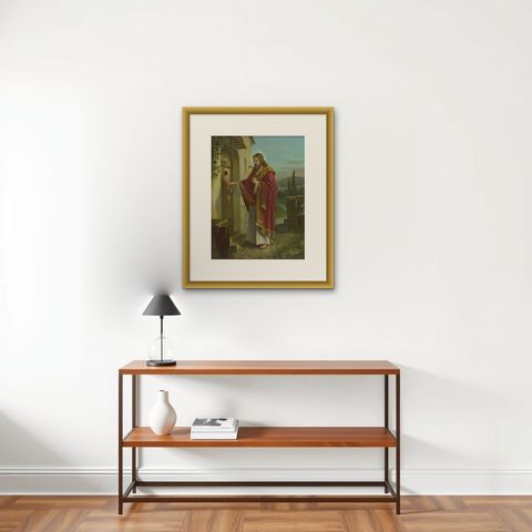 Christ Knocking at the Door, Antique c.1900 German Sacred Art Print, c.1900, shown framed on a wall, true to size