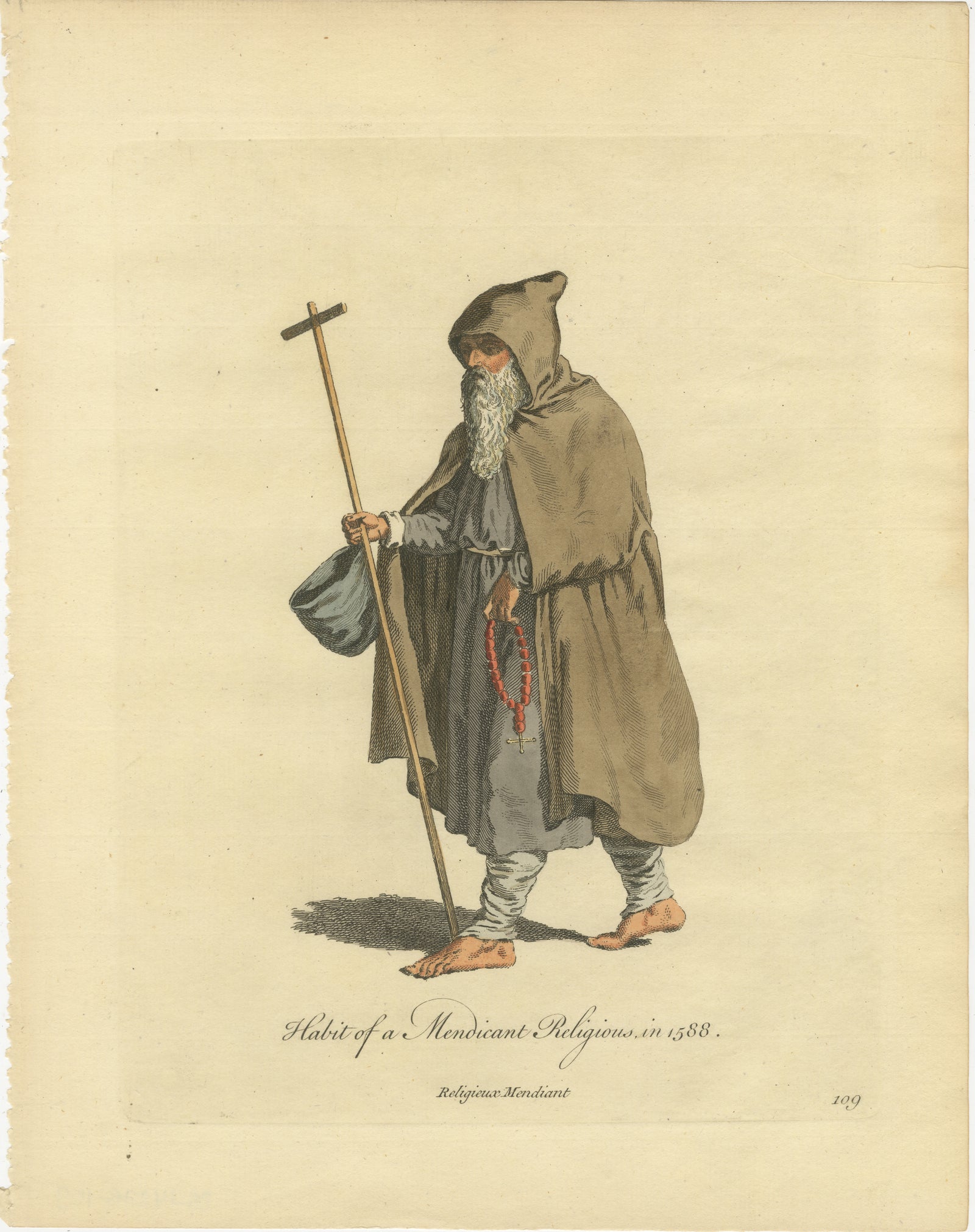 Mendicant Religious Costume Engraving, Pilgrim Monk, 1588, Published in 1749