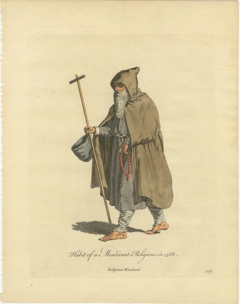 Mendicant Religious Costume Engraving, Pilgrim Monk, 1588, Published in 1749