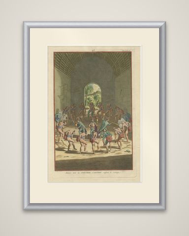 Carib Priests Instilling Courage: A Ritual Dance of the Caribbean, 1722, shown framed