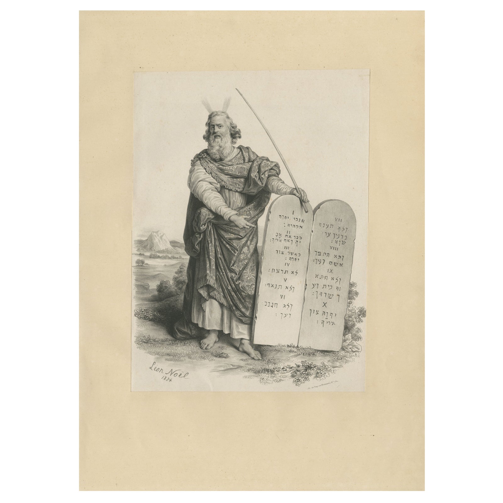 Moses with the Ten Commandments by Léon Noël, French Lithograph, 1844