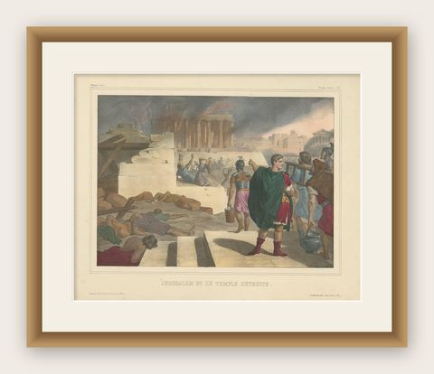 Antique Religious Print "No. 48" Jerusalem and the Destroyed Temple, circa 1840, shown framed