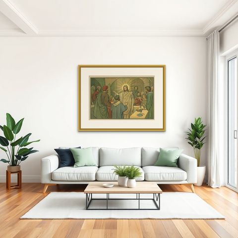 Antique Religion Print of the Seven Sacraments, Penance '1913', shown framed in a room, true to size