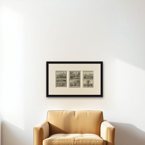 Set of Three Double-Scene Biblical Copper Engravings, Pieter Mortier, ca 1700, shown framed on a wall, true to size