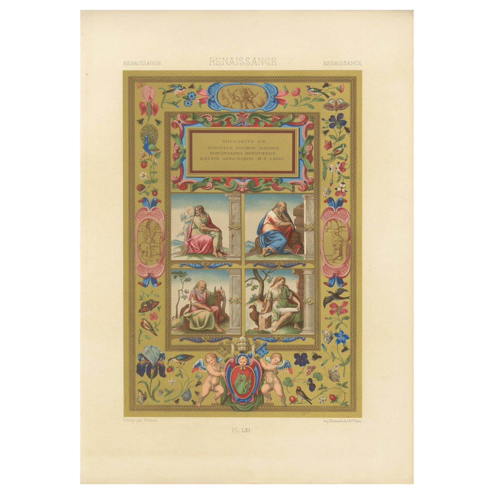 Renaissance Illumination of Pope Gregory XIII, Antique Print, Plate LXI, 1869