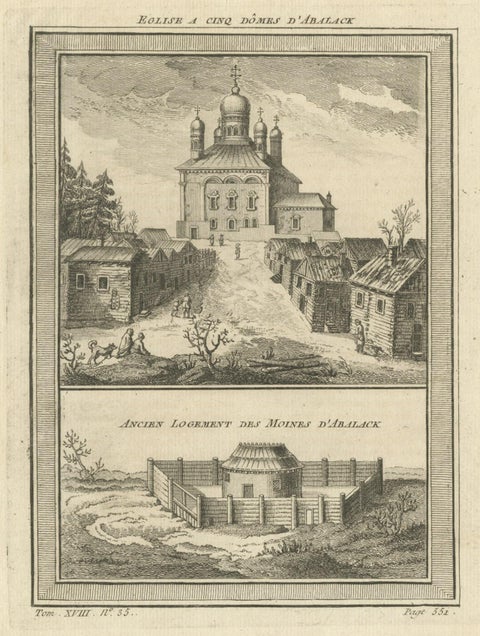 Antique Print of a Church and Monastery in Abalak in Russia, 1768, close-up 1