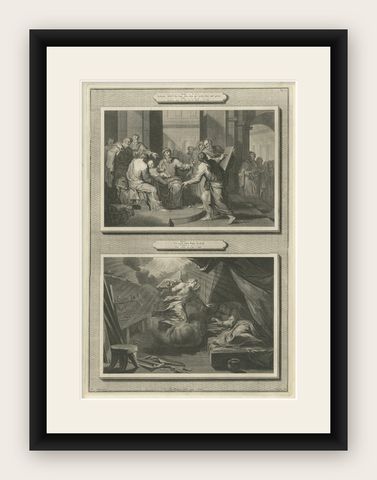 Birth of John the Baptist & Angel Appearing to Joseph, Pieter Mortier, ca. 1700, shown framed