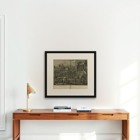Antique Bible Print of Pilate and Jesus by J. Luyken, 1743, shown framed on a wall, true to size