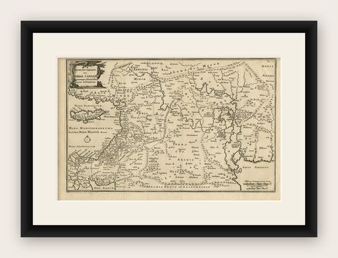 Original Antique Map of Canaan, Armenia, Syria, Mesopotamia and Arabia, 1709, shown framed