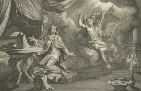 Antique Christian Art Print, Annunciation of Mary & Visitation, Mortier 1700, close-up 5