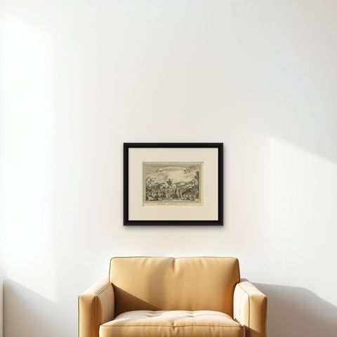 Antique Print of a Chinese Funeral, 1749, shown framed on a wall, true to size