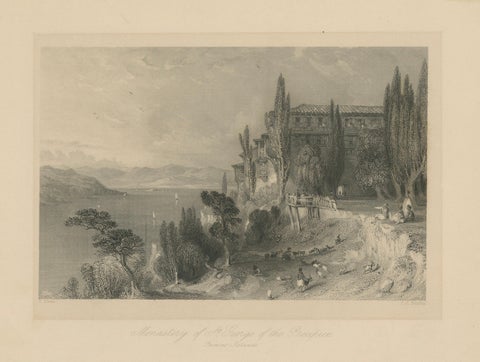 Antique Constantinople Print, Allom St George Monastery Princes Islands, ca.1838, close-up 1