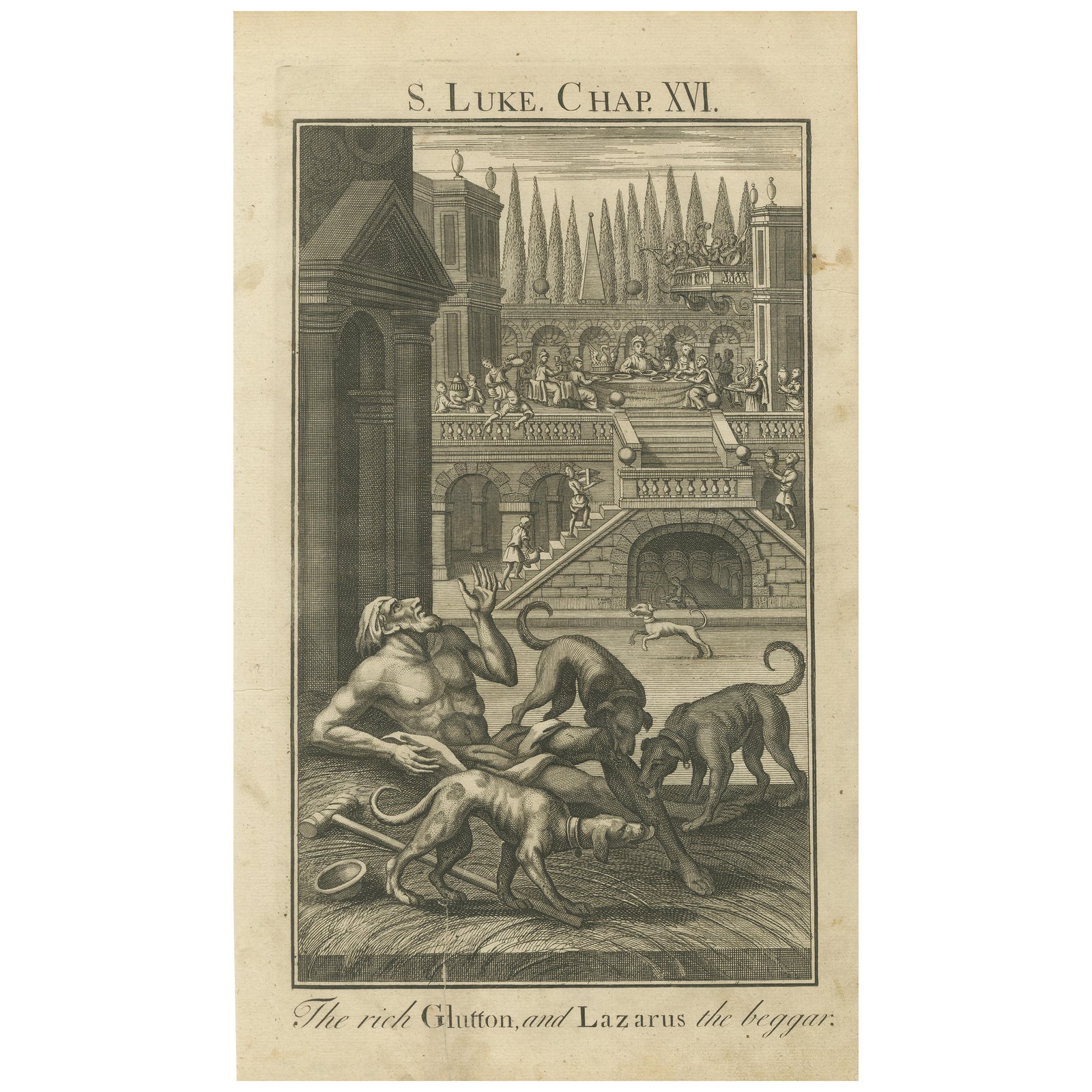 The Rich Glutton and Lazarus Engraving, Luke XVI Biblical Scene 1735