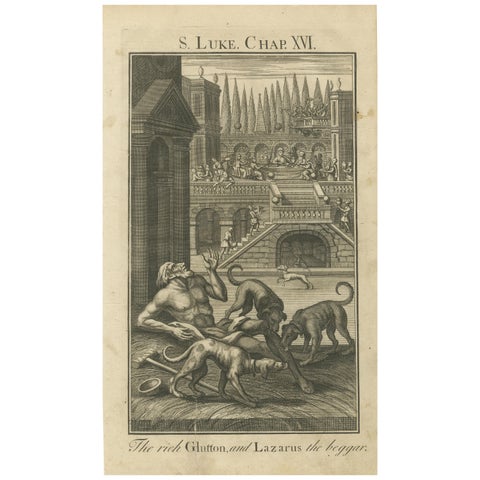 The Rich Glutton and Lazarus Engraving, Luke XVI Biblical Scene 1735