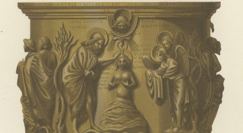 Baptismal Font at Liège, Antique Chromolithograph, Lacroix, 1851, close-up 1