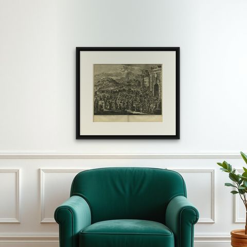 Antique Bible Print Jesus Sentenced to Be Crucified by J. Luyken, 1743, shown framed on a wall, true to size