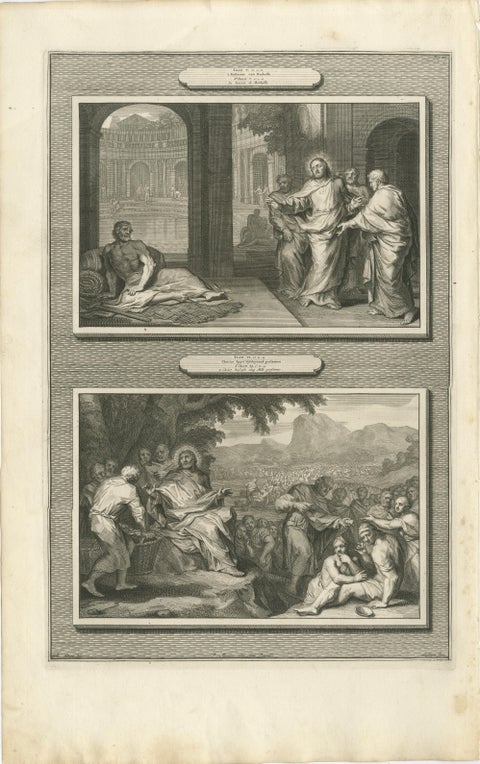 Antique Religious Engravings, Christ Healing at Bethesda & Feeding 5000, c.1700, view 2