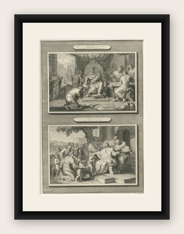 Biblical Engravings, The Unforgiving Servant & Christ Blessing Children, c.1700, shown framed
