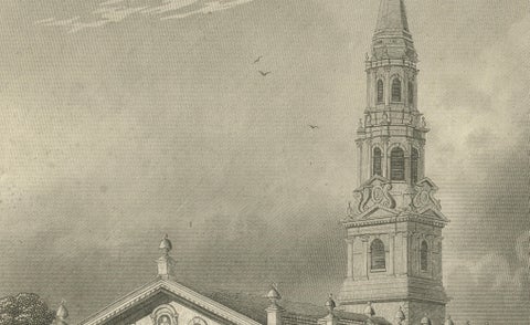 St Paul’s Broadway New York, Antique Engraving Church View, ca.1850, close-up 4