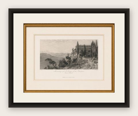 Antique Constantinople Print, Allom St George Monastery Princes Islands, ca.1838, shown framed